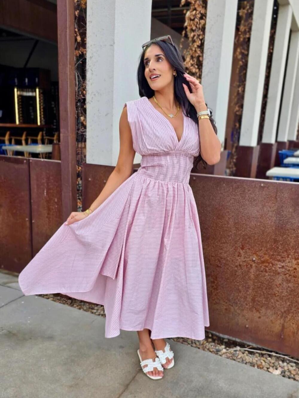 Spring Is In The Air Pink Striped Midi Dress Small NWT Smocked Cottagecore Dress